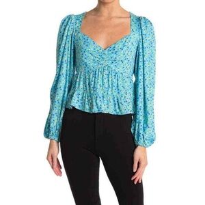 NWT - AFRM Soni Ruched Balloon Sleeve Crop Top in Blue Ditsy - Size M